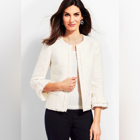Talbots Jackets & Blazers - Talbots Women’s White Tweed Ruffle Sleeve Blazer Jacket Workwear Office 16P